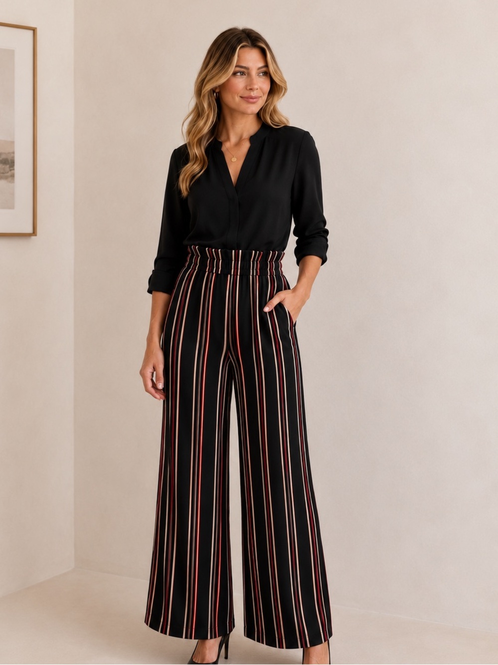 entro Black Vertical Stripe Elastic Waist Pants with Red & White Accents